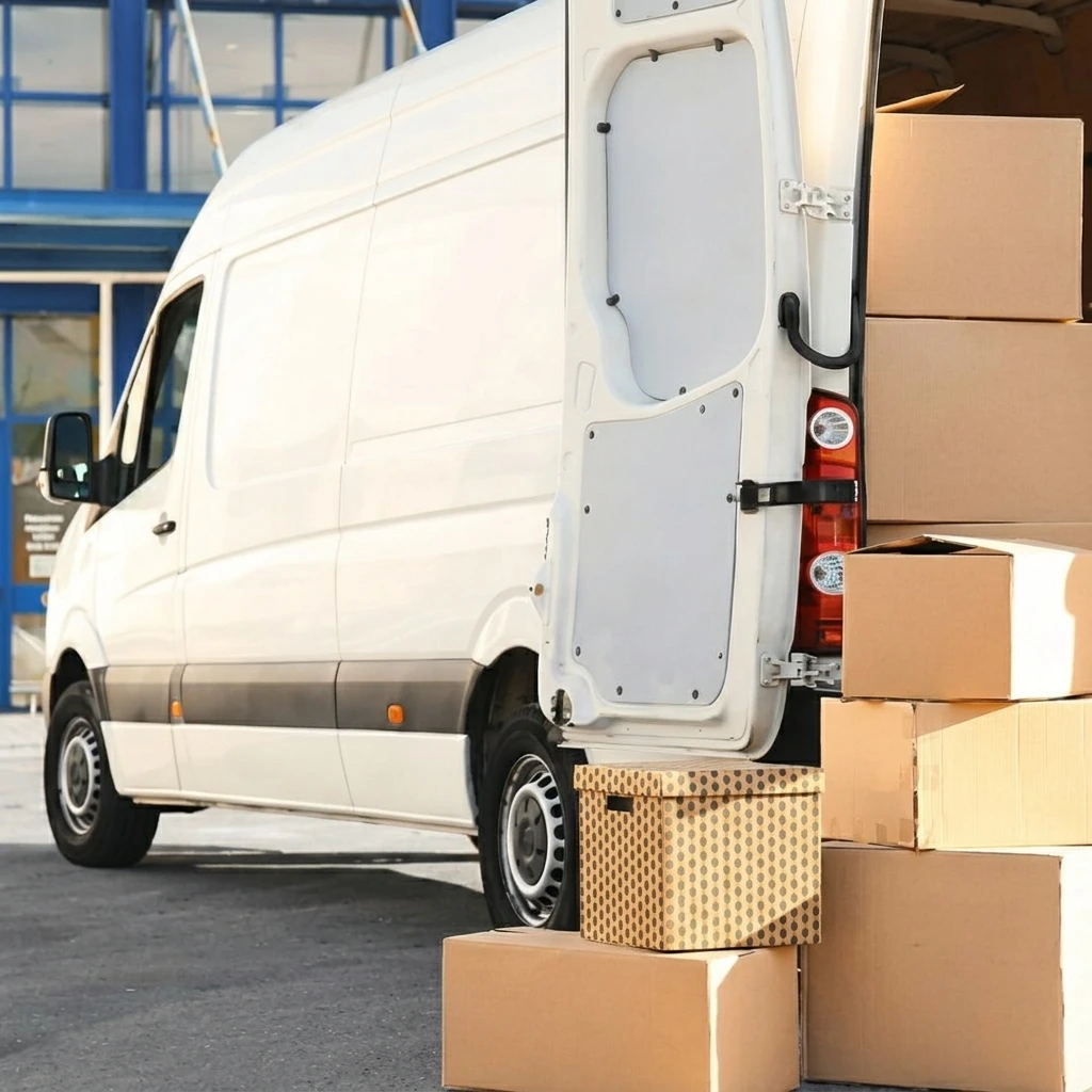Professional van being loaded with office boxes
